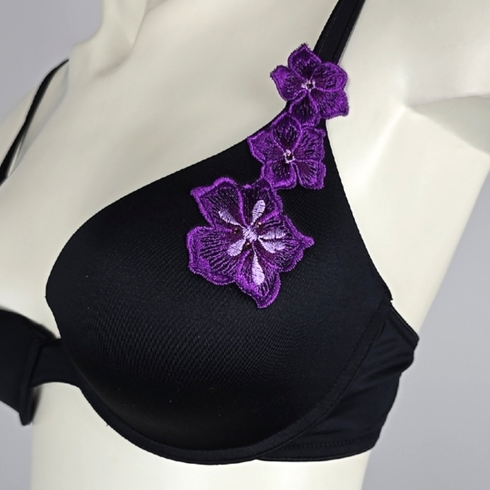 NWT O'Lingerie Women's Black Underwire Padded Bra Purple Floral Size 36C